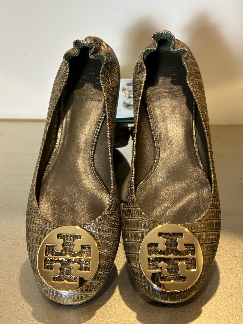 Tory Burch Bronze Croc-Embossed Reva Ballet Flats with Gold Logo
